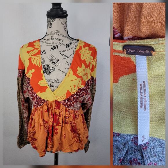 Free People Babydoll Boho Top SZ S Aloha State of Mind Patchwork Festival Hippie - Picture 2 of 11